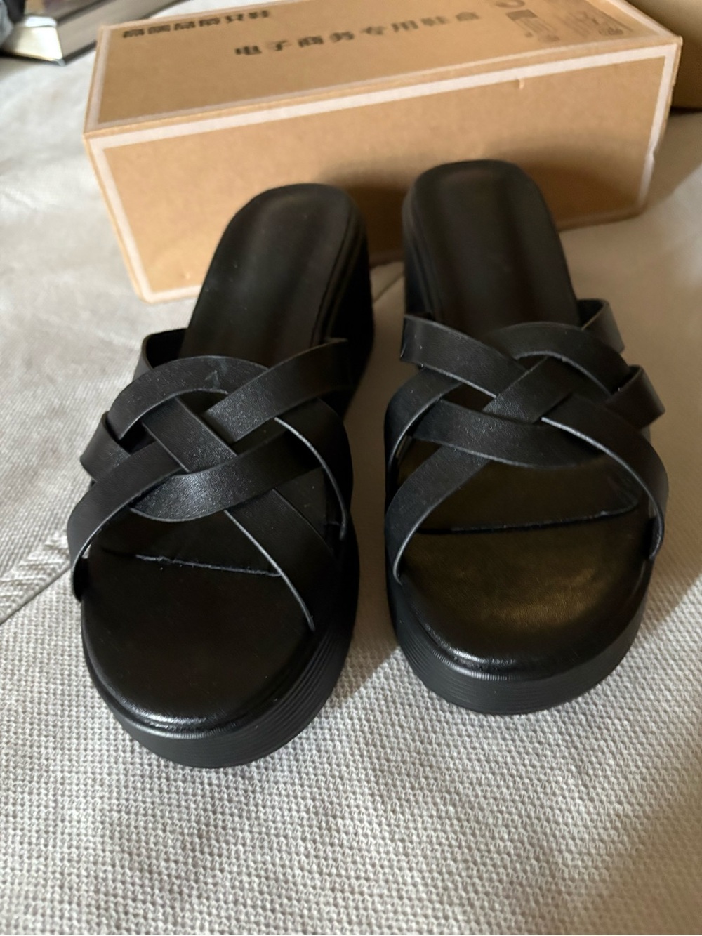 Women's Black Slide Sandals with Braided Straps
